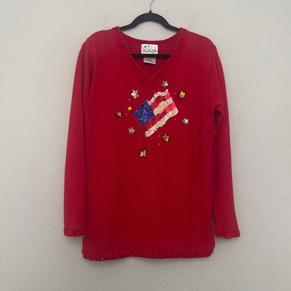 Quacker Factory Red Sequin American Flag Patriotic V-Neck Sweater Size Medium